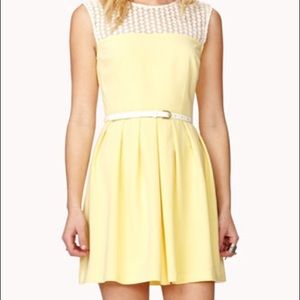 Women's Yellow Crocheted Aline Dress W Skinny Belt